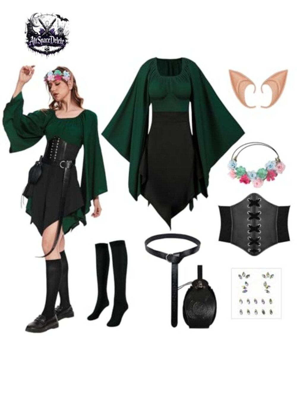 Women Renaissance Elf Costume Set 8PC Irish Dress Corset Halloween